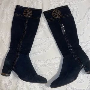 Tory Burch Suede Snakeskin Square Toe Boots